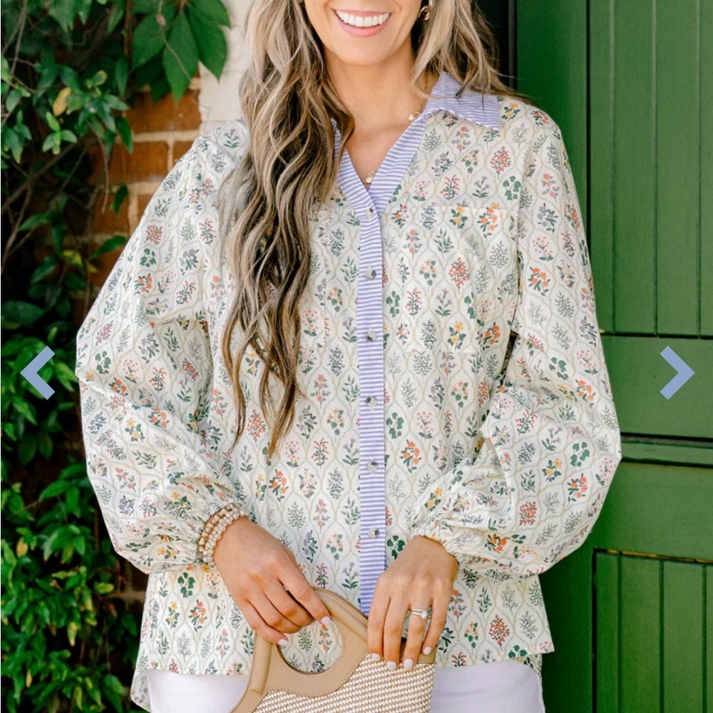 Chic Soul Floral Button-Front Blouse in Cream and Blue Trim 3X NWOT